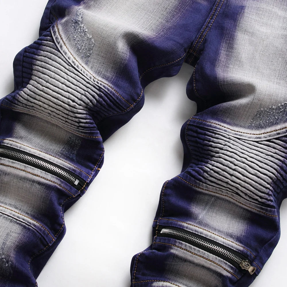Men Stretch Denim Biker Jeans Streetwear Zippers Pleated