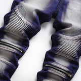 Men Stretch Denim Biker Jeans Streetwear Zippers Pleated