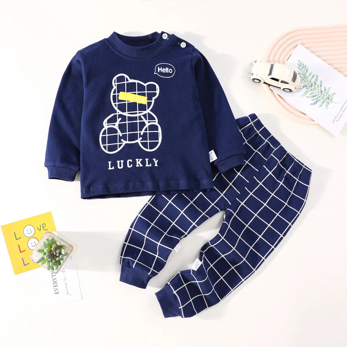 hibobi 2-Pieces 100% Cotton Toddler Boys Cartoon Bear