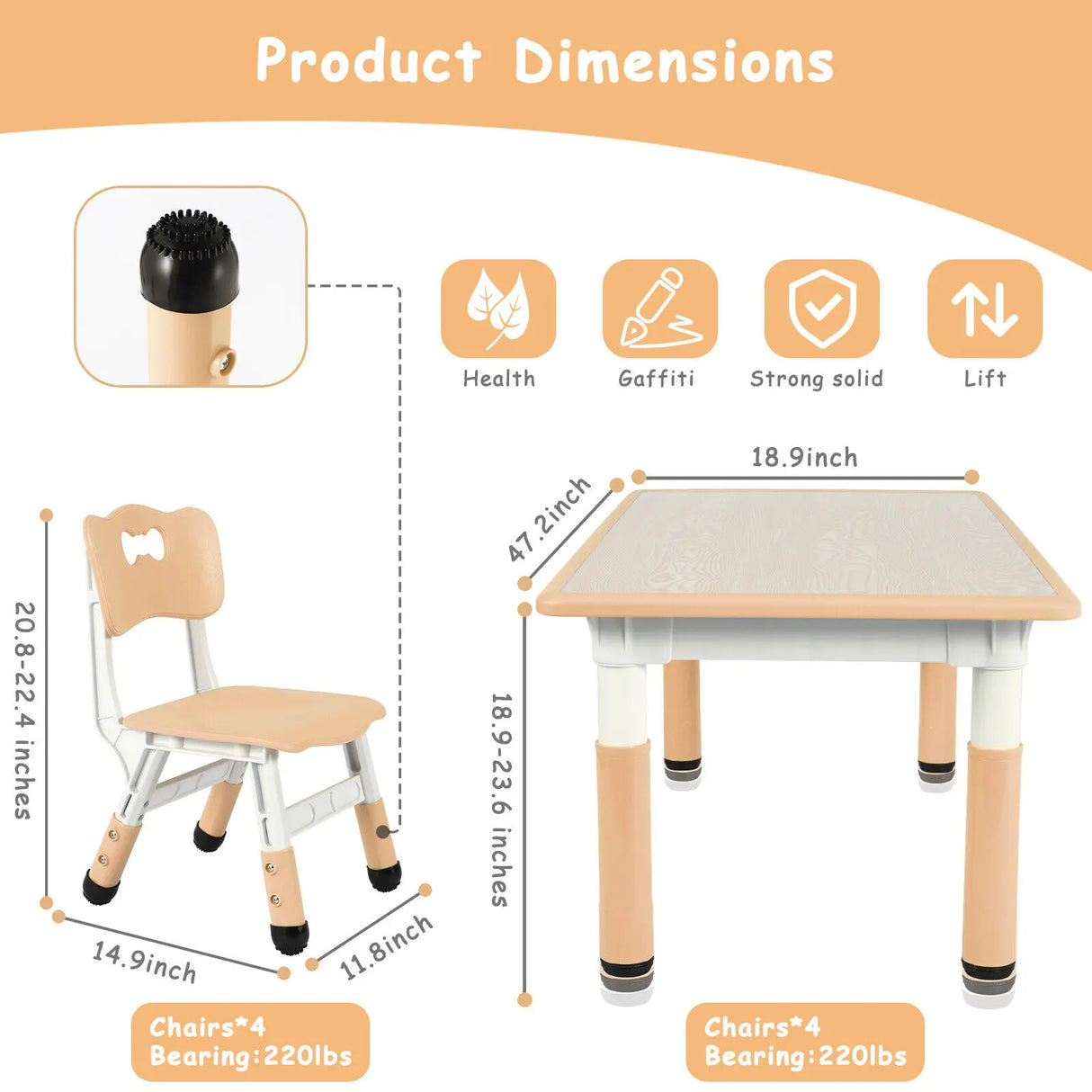 Kids Study Table and 4 Chair Set Height