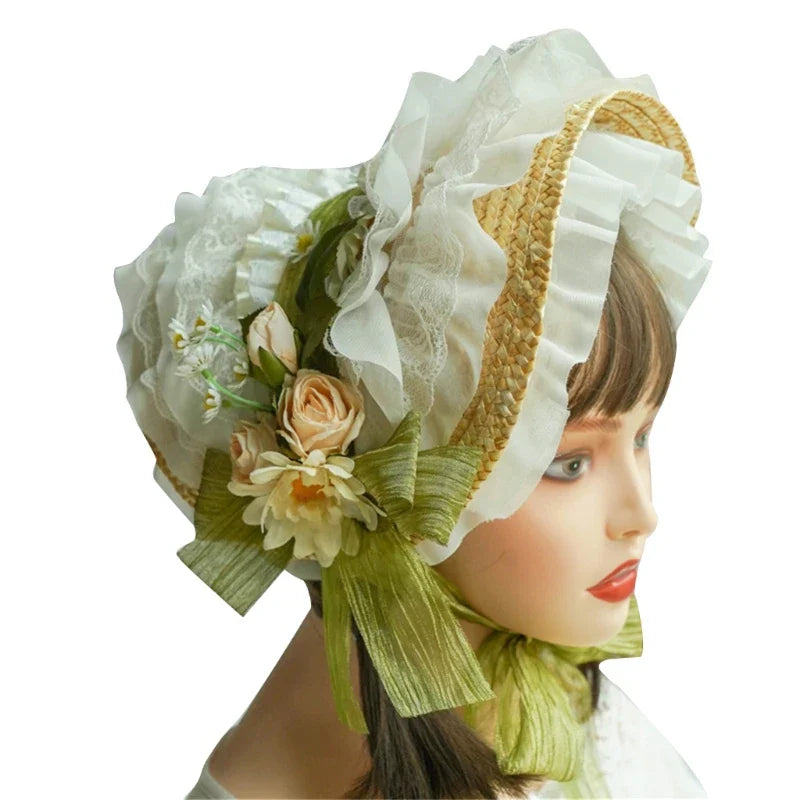 Japanese Lolita Sweet Handmade Straw Sun Hat Lace