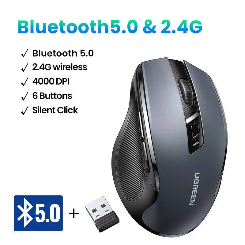 UGREEN Wireless Mouse Bluetooth5.0 Mouse Ergonomic 4000DPI 6