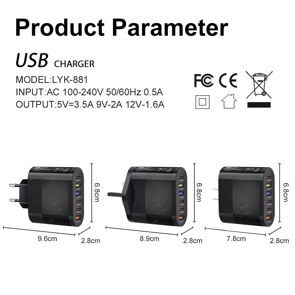65W USB C Charger Multiple 6 Ports Type