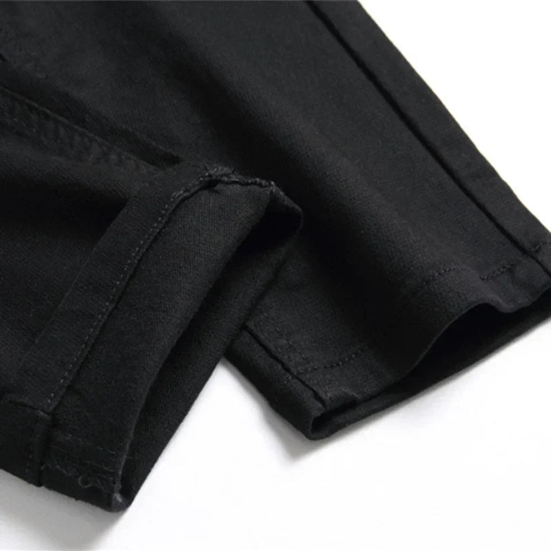 Hot Men's Black jeans Simple Trend Stretch Slim Pencil Pants High Quality Solid Color Mid-Waist Embroidered Brand Trousers