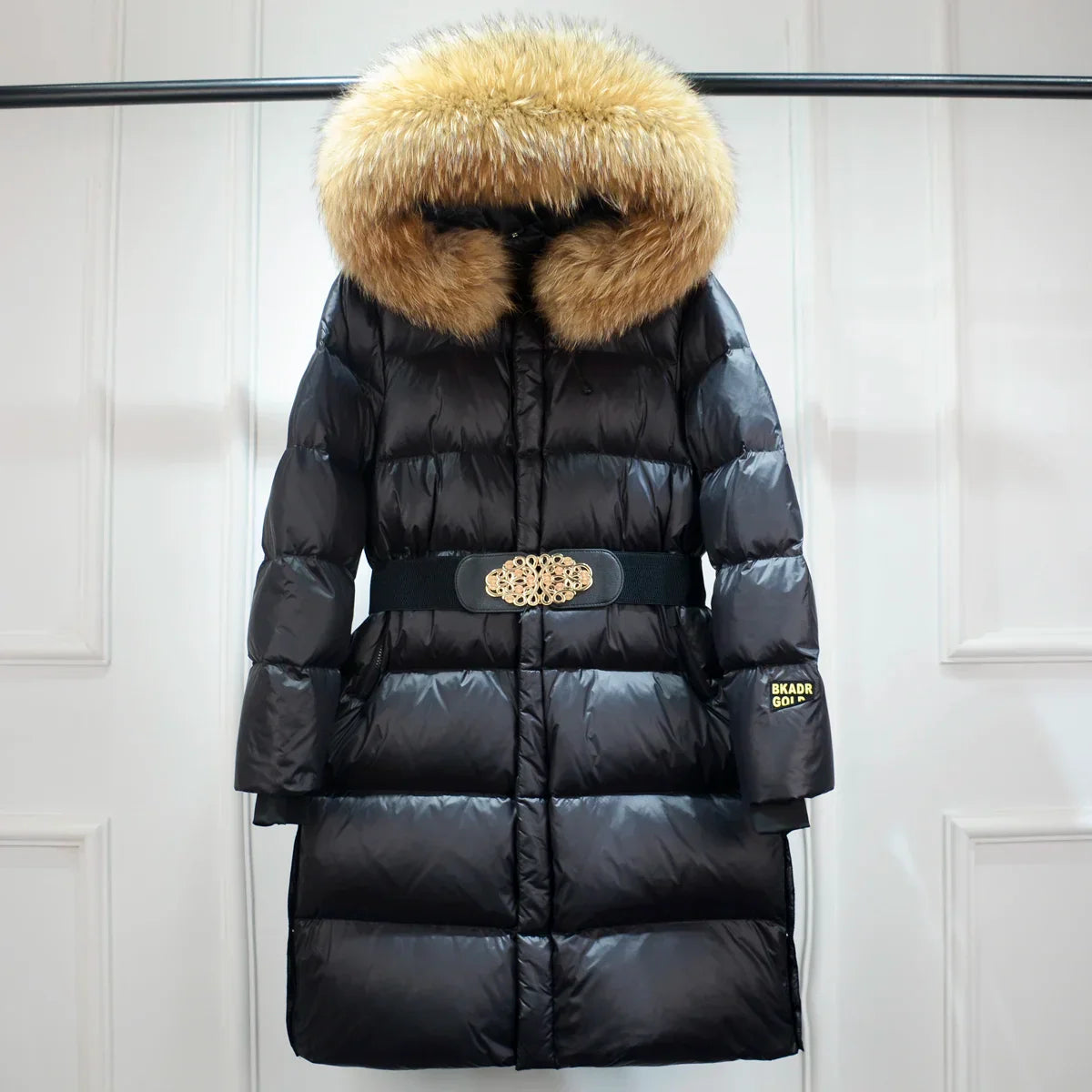 Janveny Large Real Raccoon Fur Hooded Shiny Waterproof