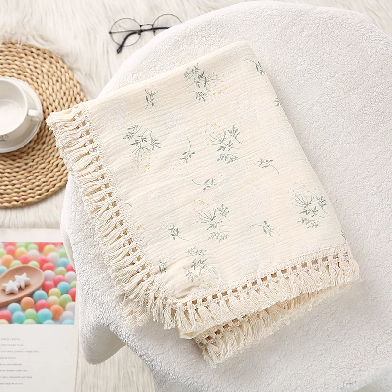 Cotton Muslin Swaddle Blankets Newborn Baby Tassel Receiving