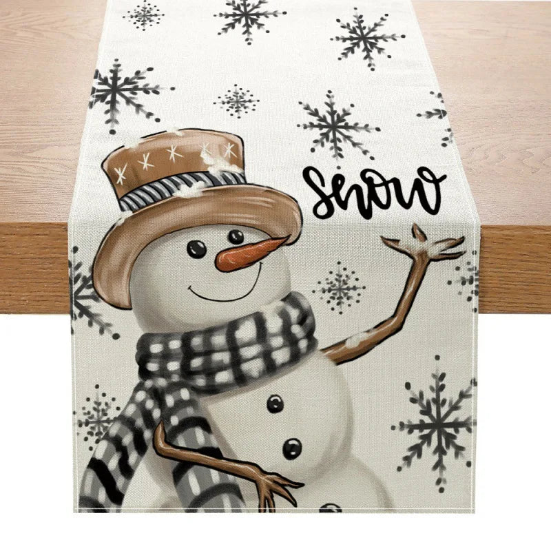 Linen Christmas Table Runner Snowman Xmas Tree Home