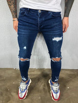 Distressed Knee Holes Elastic Skinny Jeans Men Ripped