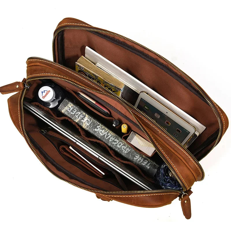 Men Leather Briefcase Bag 14" Computer Laptop s Thick Cow Skin Business Vintage Style Male Daily Working Totes