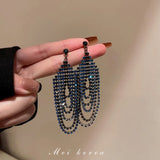 Long Retro Blue Flower Feather Tassel Dangle Earrings