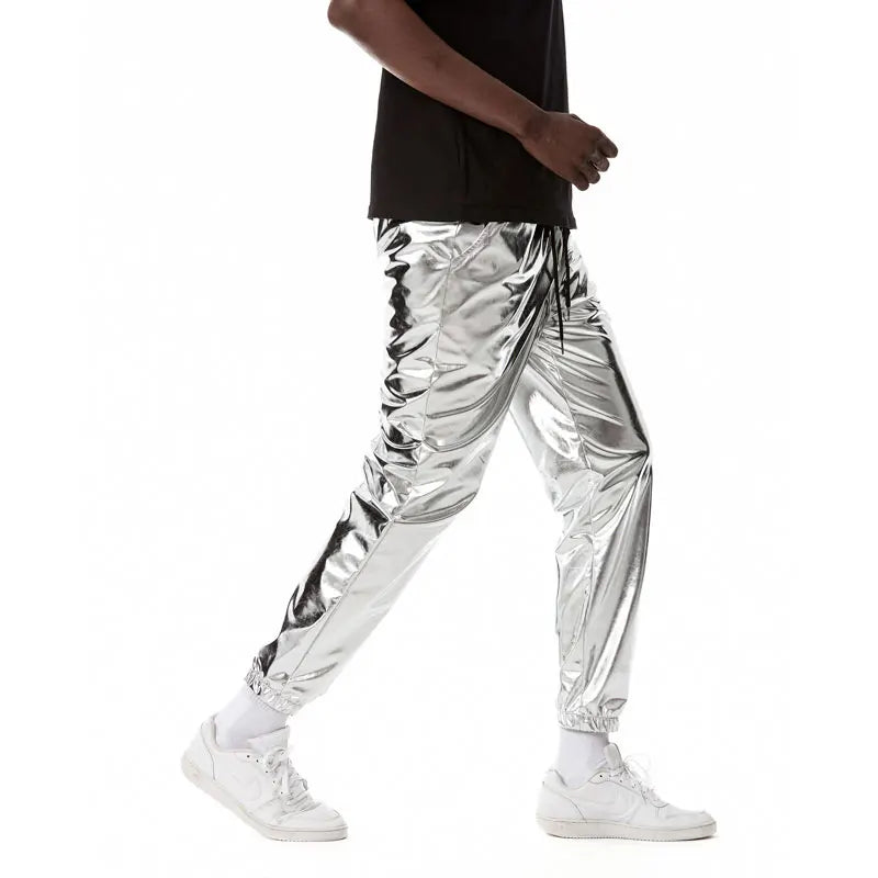 Mens Shiny Silver Metallic Jogger Sweatpants Hip Hop