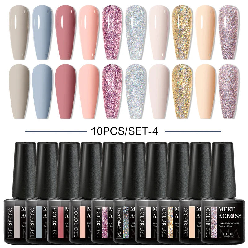 10Pcs Nude Glitter Gel Nail Polish Set Purple