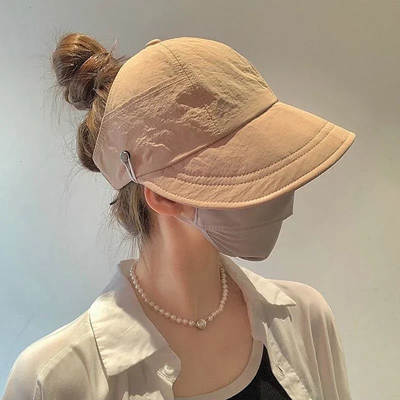 Foldable Wide Brim Ponytail Sun Hat Drawstring Adjustable