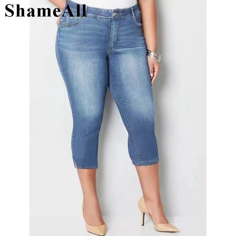 Womens Plus Size Casual Jeans With Pockets Button