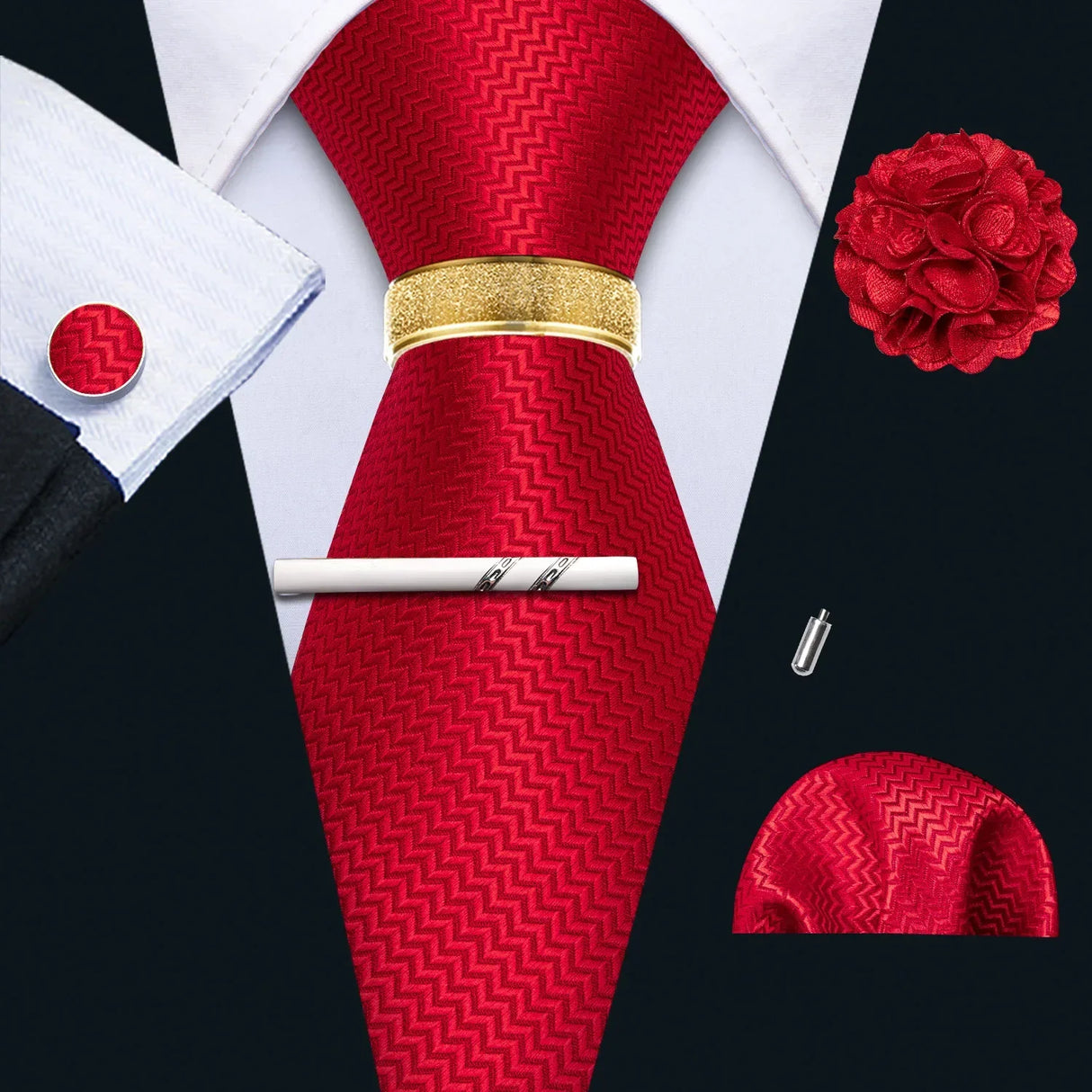Barry.Wang Silk Mens Tie Hanky Cufflinks Clip Brooch