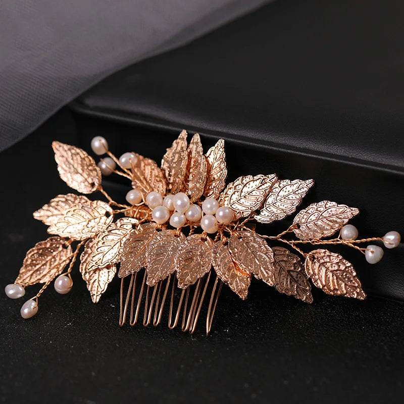 Gold Color Pearl Leaf Hair Comb Clip Hairpin