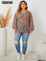 GIBSIE Plus Size Lantern Sleeve V Neck rainbow