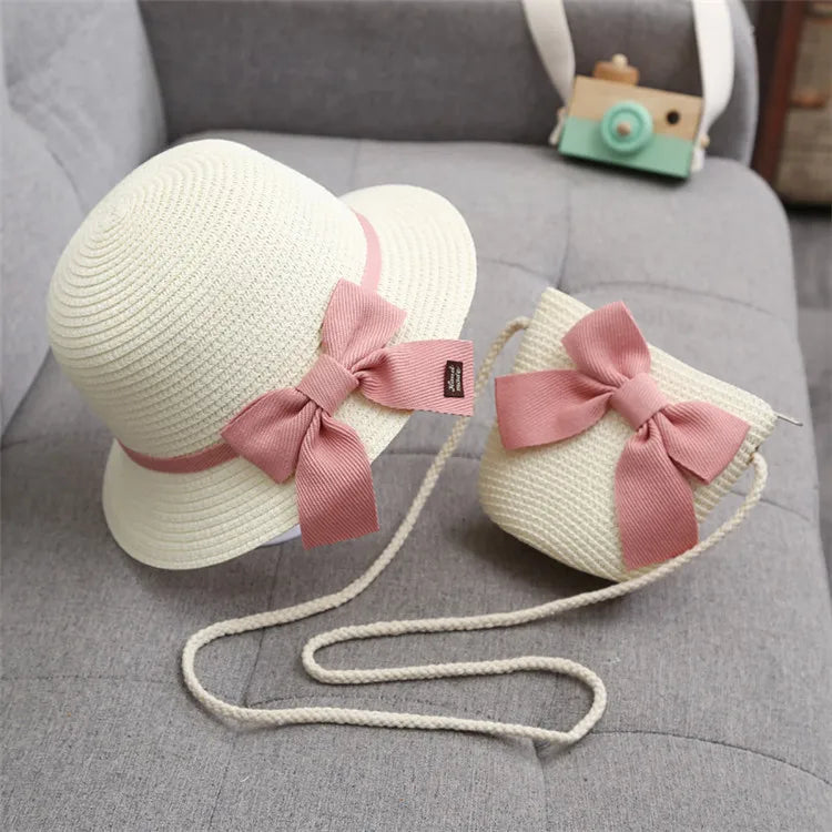 2pcs Set Summer Straw Hat With Bag For