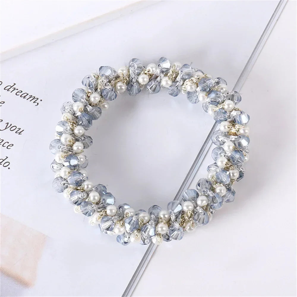 1pc Women Crystal Pearls Hair Rope Handmade Elastic