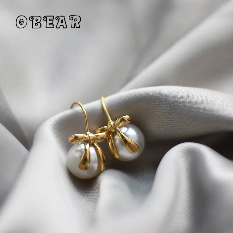 French Temperament Bow Ribbon Imitation Pearl Earrings for