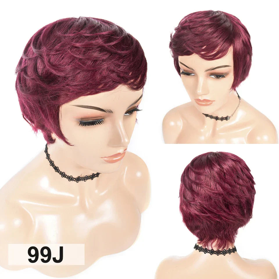 99J Burgundy Short Pixie Cut Wigs with Bangs