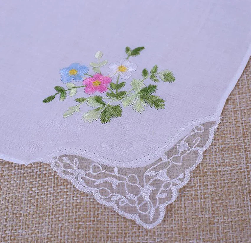 10pcs Handkerchief Cotton Floral Embroidery Lace Edge Square