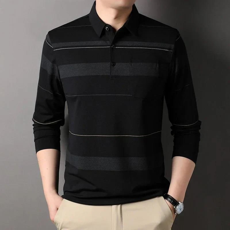 Streetwear Fashion Men Long Sleeve Striped Polo Shirts