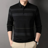 Streetwear Fashion Men Long Sleeve Striped Polo Shirts