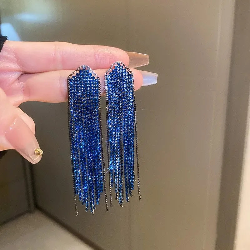 Exaggerated Blue Rhinestone Crystal Geometric Flower Long Tassel