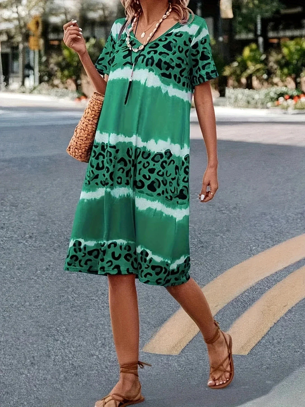 Plus Size Women's Casual Dress Dye Leopard Short