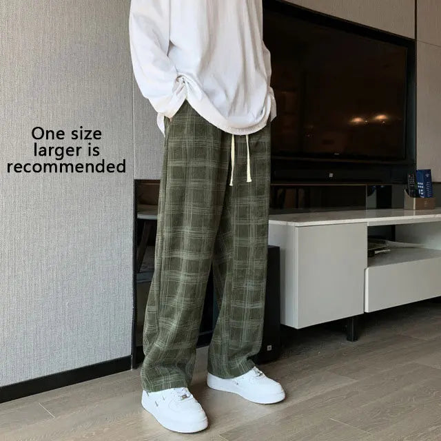 Men Checkered Casual Pants Loose Straight Corduroy Pants