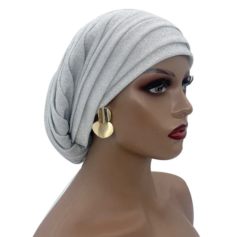 Glitter Pleated African Turban Cap Womens Head Wraps