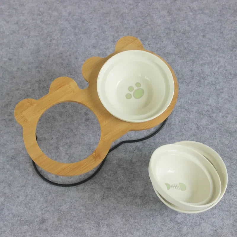 New High-end Pet Bowl Bamboo Shelf Ceramic Feeding