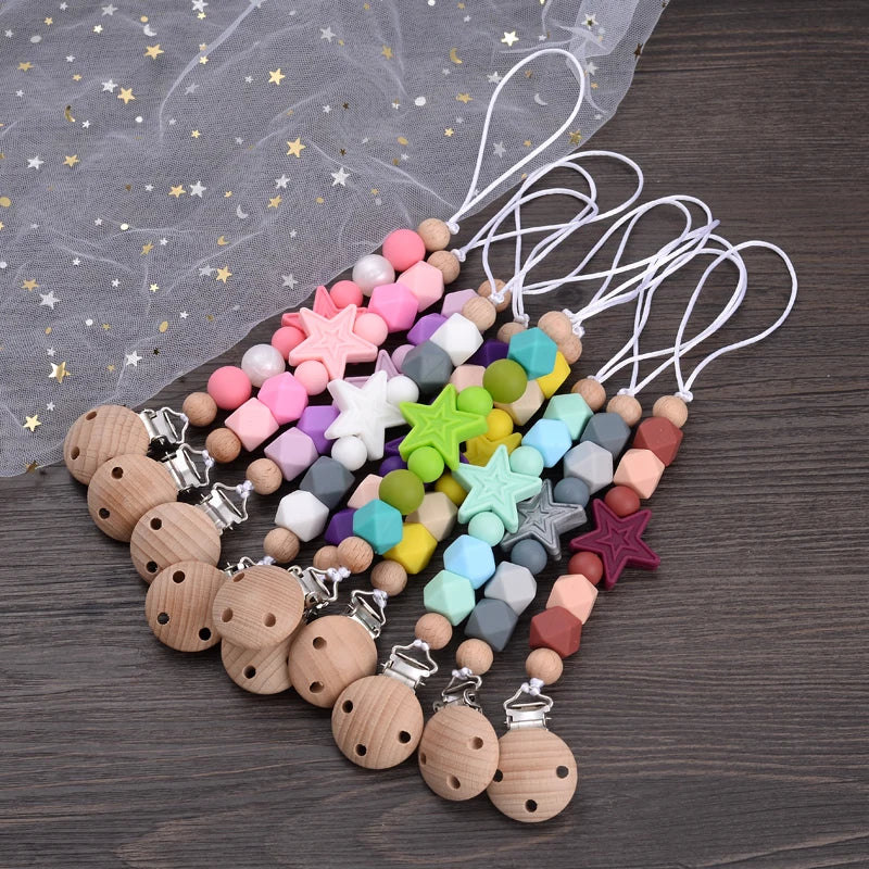 Baby Pentagram Silicone Beads Pacifier Chain Wooden Teether