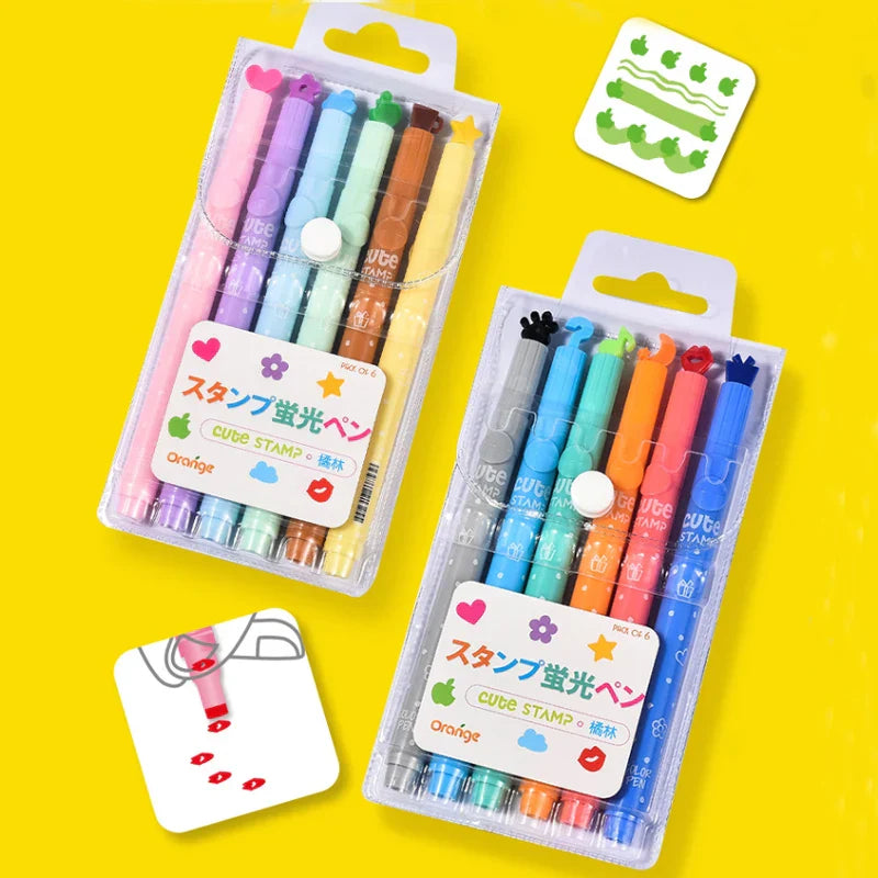 Haile 6Pc Kawaii Candy Color Highlighters Inks Stamp
