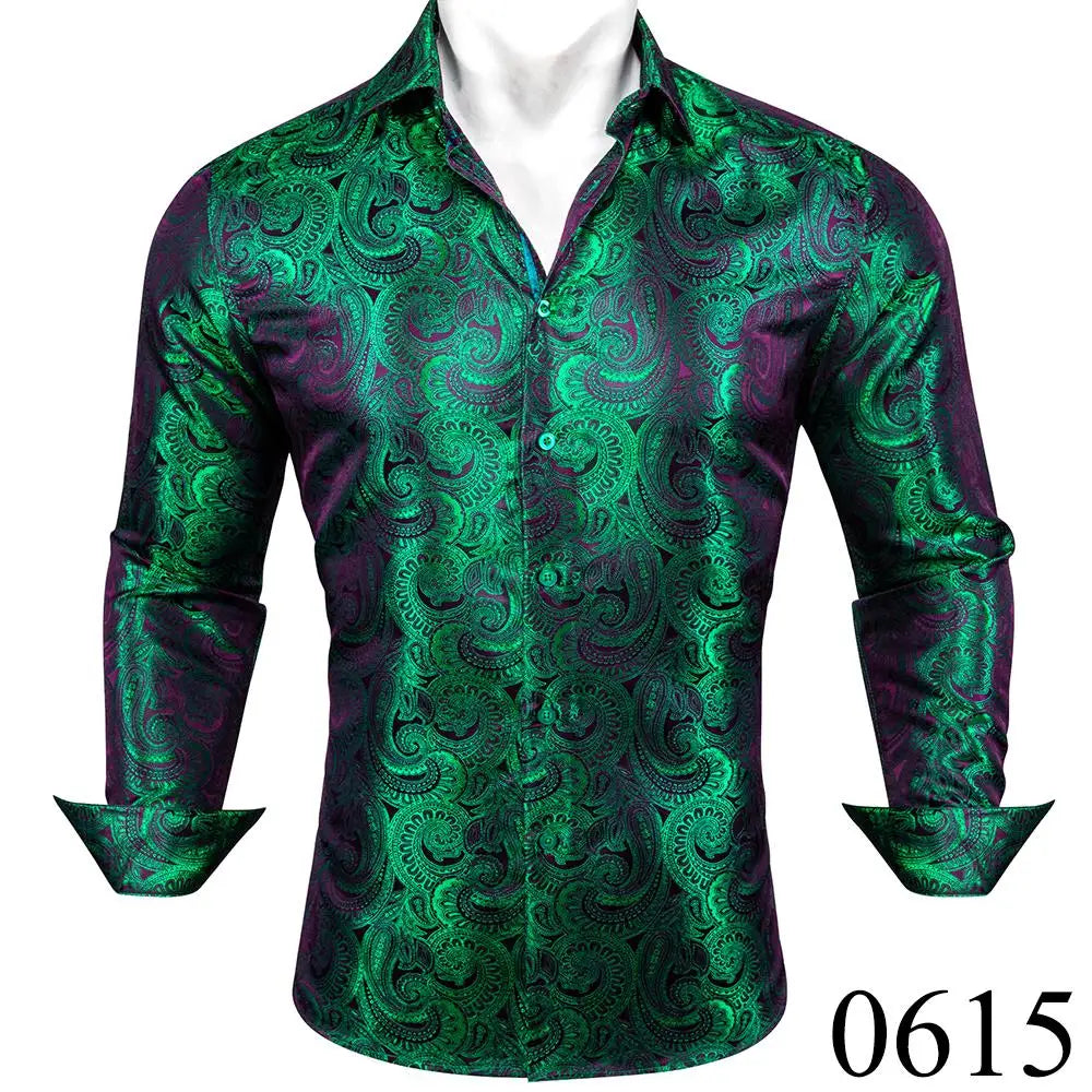 Luxury Silk Shirts for Men Green Paisley Long