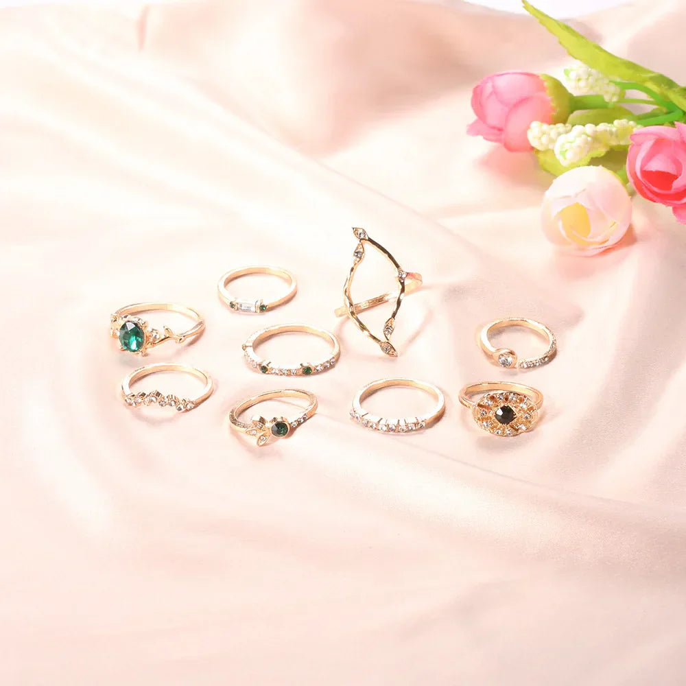 Fashion Green Crystal Knuckle Finger Rings Set For