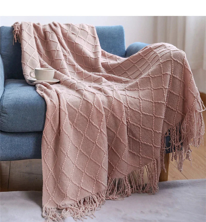 Textured Knitted Throw Blankets with Tassels Cozy Woven