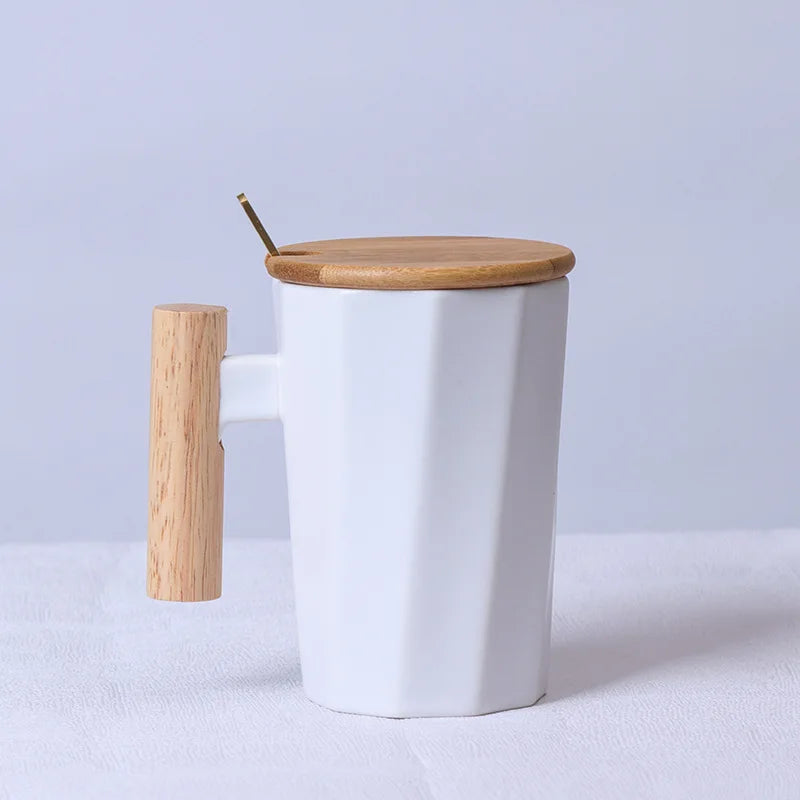 Nordic Wooden Handle Ceramic Porcelain Mug Coffee Cups
