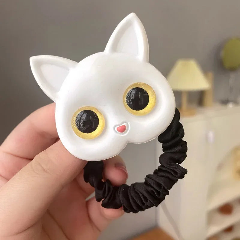 Cartoon Black White Cat Charms Hair Ties Kids