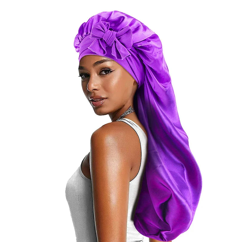 Women Satin Bonnets Adjustable Long Barrel Nightcap Solid