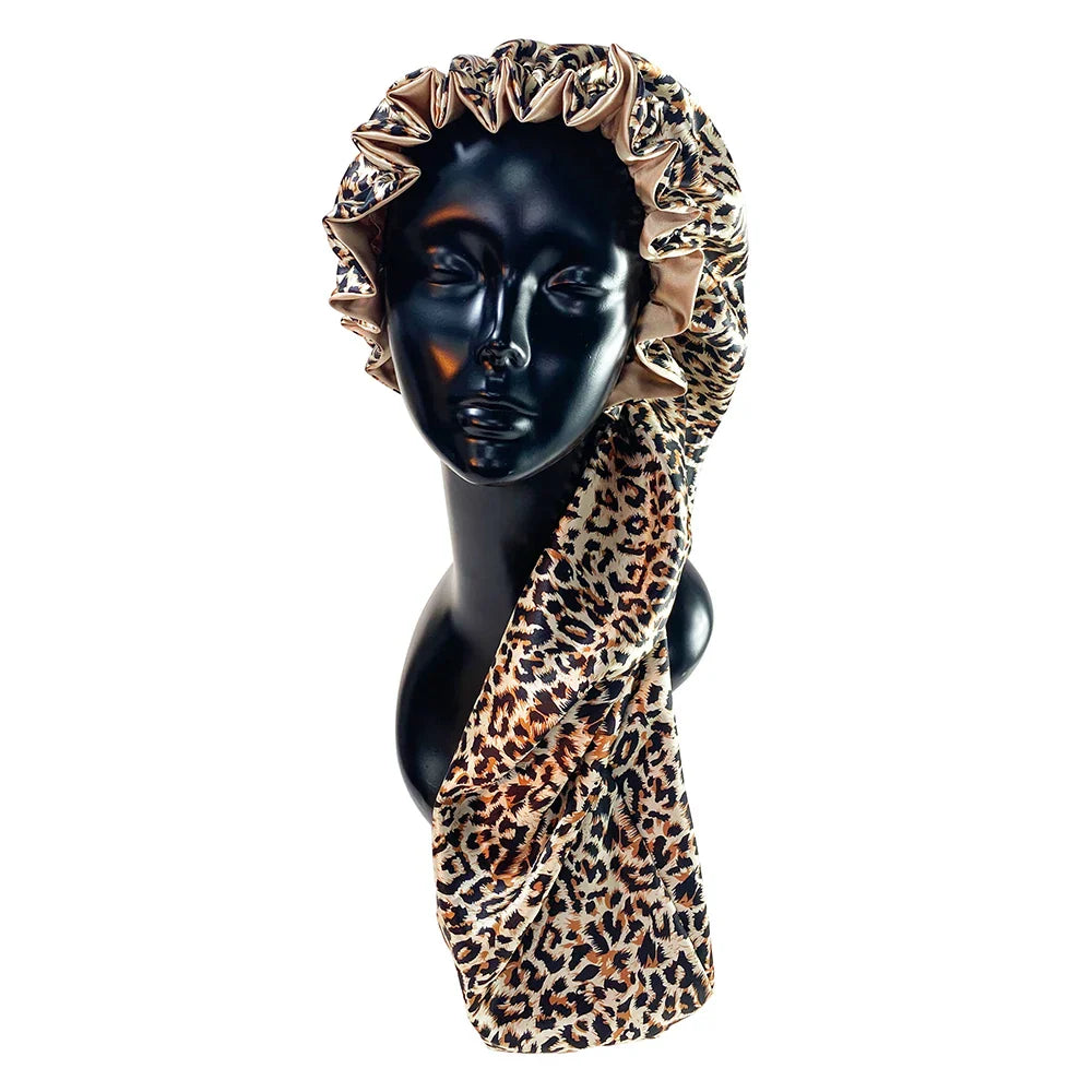 Leopard Print Double Layer Silky Bonnet Adjustable Elastic