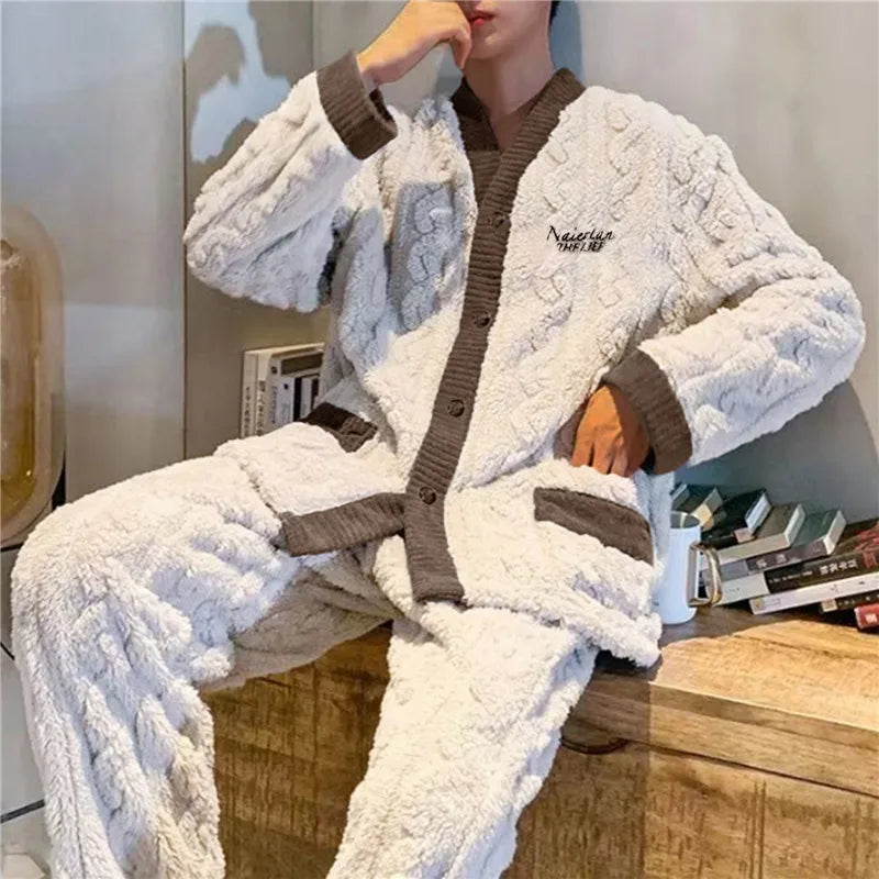 2024 New Men Winter Warm Flannel Pajamas Set