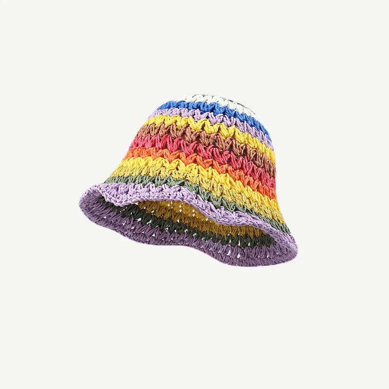 Spring Summer New Rainbow Woven Straw Hat Bucket