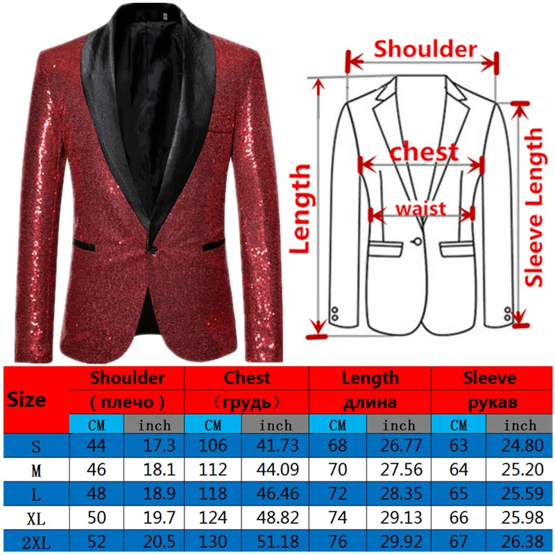 Shiny Gold Sequin Glitter Embellished Blazer Jacket Men