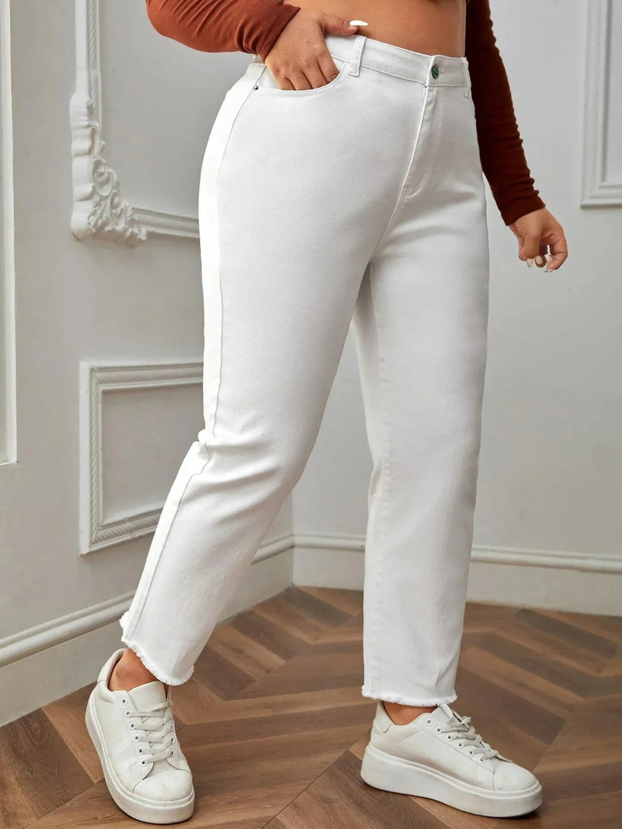 2023 Plus Size White Jeans for Women Straight