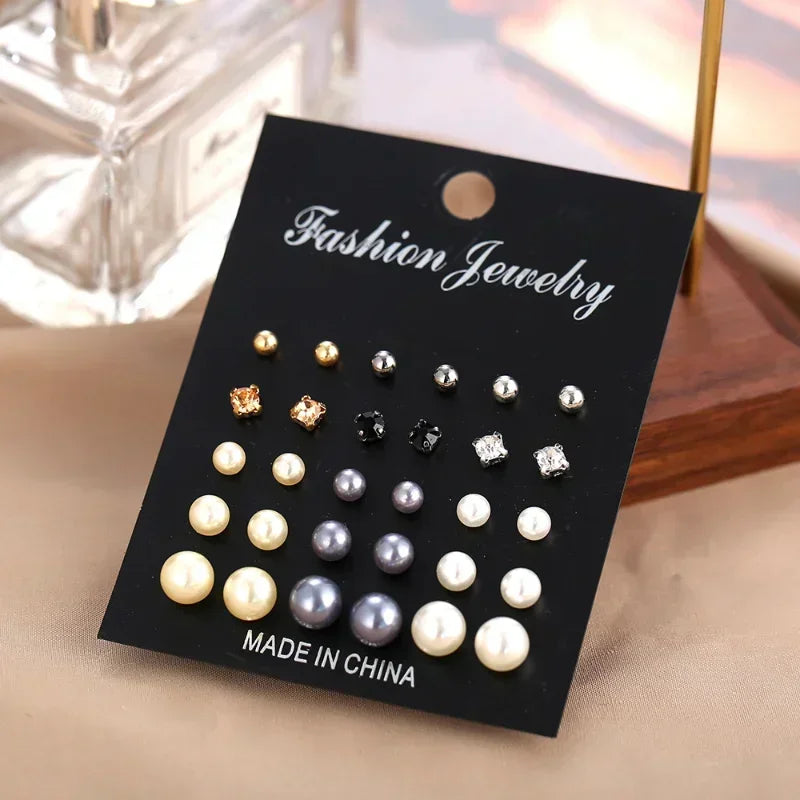 Faux Pearl Stud Earrings Set 15 Pairs Women's