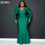 Solid Color Elegant Evening Dress Long Sleeve Plus