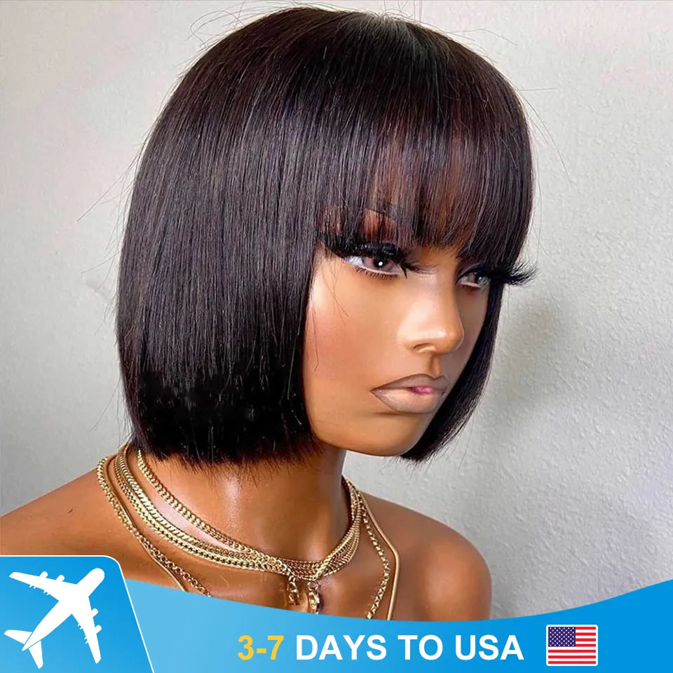 Brazilian Human Hair Wig with Bangs Remy Straight