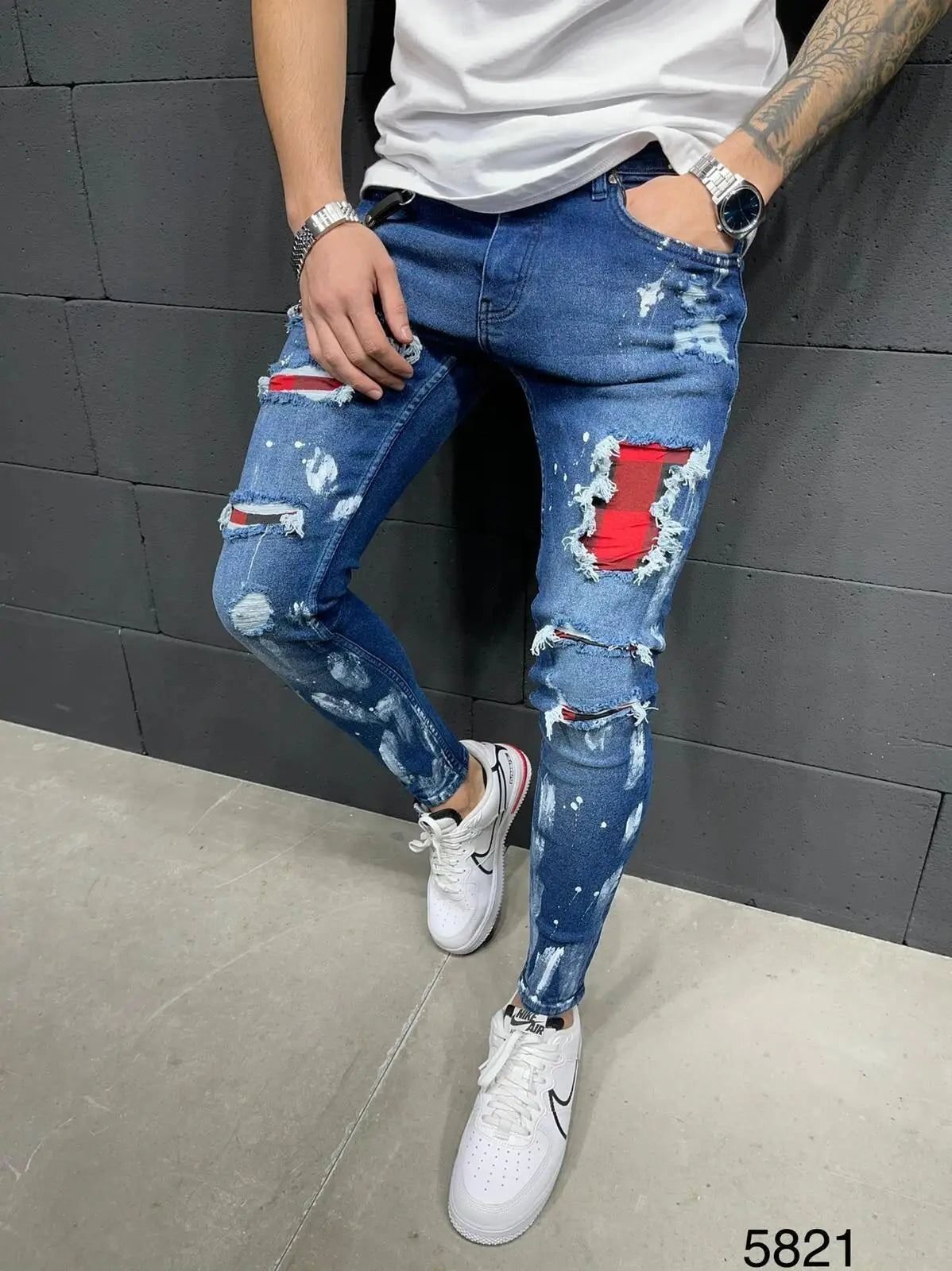 White Embroidery Jeans Men Cotton Stretchy Ripped Skinny